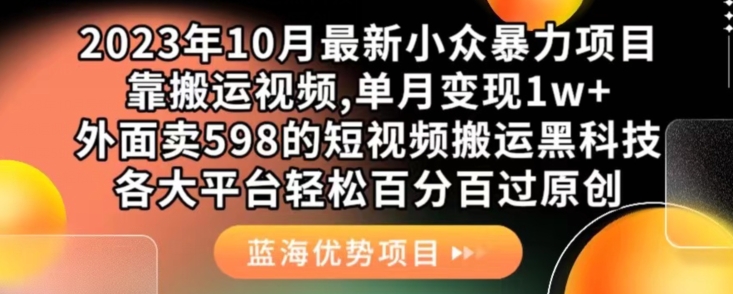 2023年10月最新小众暴力项目，靠搬运视频,单月变现1w+，外面卖598的短视频搬运黑科技，各大平台轻松百分百过原创