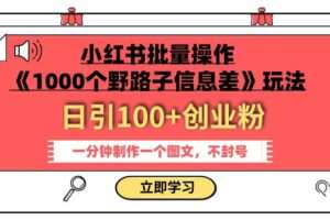 小红书批量操作《1000个野路子信息差》玩法，一分钟制作一个图文，不封号，日引100+创业粉