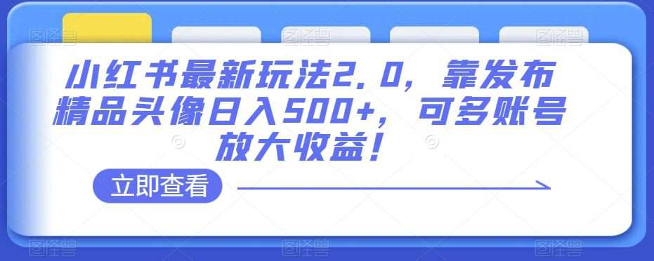 小红书最新玩法2.0,靠发布精品头像日入500+,可多账号放大收益!【揭秘】