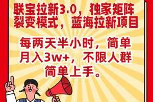 联宝蓝海拉新3.0，独家矩阵裂变模式，每两天半小时，简单月入3w+，不限人群简单上手