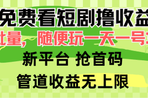 免费看短剧撸收益，可挂机批量，随便玩一天一号30+做推广抢首码，管道收益
