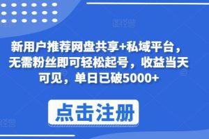新用户推荐网盘共享+私域平台，无需粉丝即可轻松起号，收益当天可见，单日已破5000+
