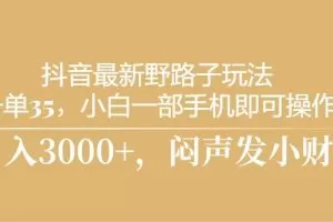 抖音最新野路子玩法，一单35，小白一部手机即可操作，，日入3000+，闷…