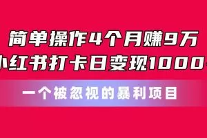 简单操作4个月赚9万！小红书打卡日变现1000+！一个被忽视的暴力项目