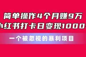 简单操作4个月赚9万！小红书打卡日变现1000+！一个被忽视的暴力项目