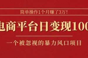 简单操作1个月赚了3万！在电商平台日变现1000+！一个被忽视的暴力风口…