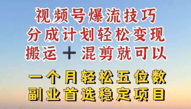 视频号爆流技巧，分成计划轻松变现，搬运 +混剪就可以，一个月轻松五位数稳定项目