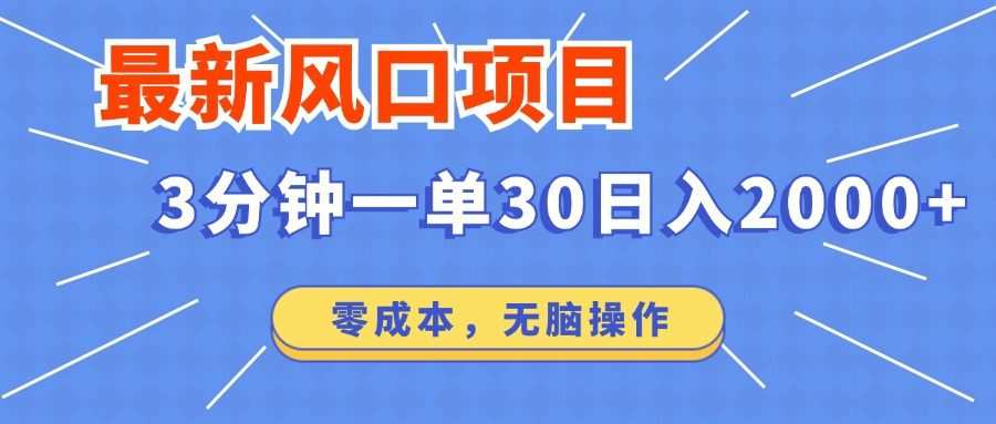 最新风口项目操作，3分钟一单30。日入2000左右，零成本，无脑操作。