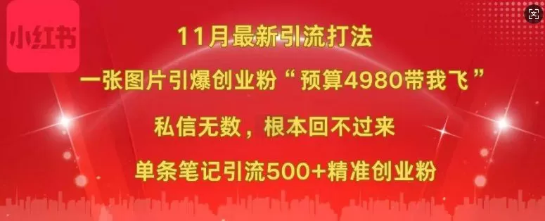 小红书11月最新图片打粉，一张图片引爆创业粉，“预算4980带我飞”，单条引流500+精准创业粉