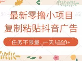 最新零撸小项目，复制粘贴抖音广告即可挣钱，平台大水，任务不限量，一天数张【揭秘】
