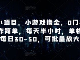 手机小项目，小游戏撸金，0门槛0投入操作简单，每天半小时，单机单号每日30-50，可批量放大