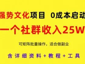 强势文化项目，一个社群收入25个W，0成本启动，可矩阵批量操作，原创详细实操教程