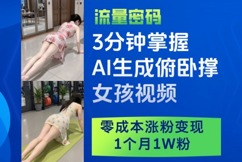 3分钟掌握AI生成俯卧撑女孩视频,零成本涨粉变现,1个月1W粉