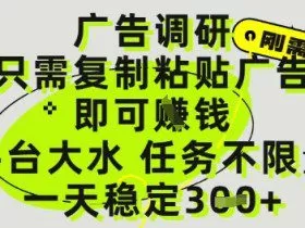 广告调研项目，只需复制粘贴广告即可挣钱，平台大水，任务不限量，一天3张【揭秘】