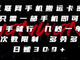 互联网手机搬运卡密，只需一部手机即可，有手就行，几秒一单，无次数限制，多劳多得，日入3张【揭秘】