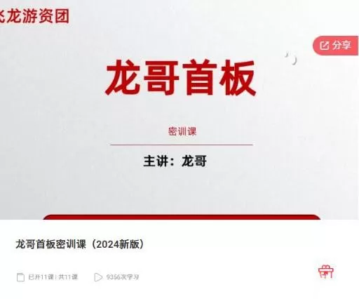飞龙游资团龙哥首板密训课（2024新版）