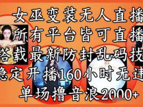 女巫变装直播最新玩法，所有直播平台皆可操作，稳定开播160小时无违规，单场撸音浪2k+