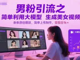 男粉引流之简单利用大模型生成美女视频，条条原创爆款，简单上传制作，变现日1k+