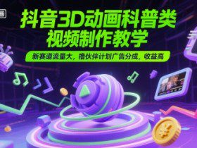 抖音3D动画科普类视频制作教学，新赛道流量大，撸伙伴计划广告分成，收益高