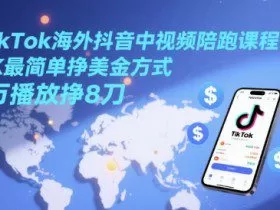 TikTok海外抖音中视频陪跑课程，TK最简单挣美金方式，1万播放挣8刀