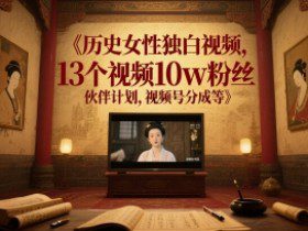 历史女性独白视频，13个视频10w粉丝，伙伴计划，视频号分成等