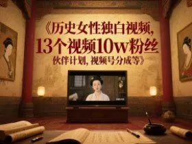 历史女性独白视频，13个视频10w粉丝，伙伴计划，视频号分成等