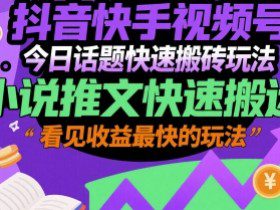 抖音快手视频号今日话题快速搬砖玩法，小说推文快速搬运，看见收益最快的玩法