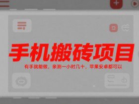 手机搬砖项目，有手就能做，亲测一小时几十，苹果安卓都可以