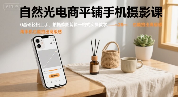 自然光电商平铺手机摄影课,0基础轻松上手,拍摄修图剪辑一站式实操教学,用手机也能拍出高级感