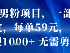 抖音男粉项目，一部手机搞定，每单59米，当天变现1k+  无需剪辑