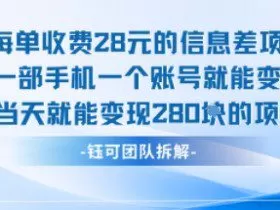 每单收费28米的项目单日能变现280左右 一部手机一个账号就能变现