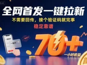 全网首发一键拉新项目，不需要回传，接个验证码就完事，稳定靠谱，一小时收益70+【揭秘】