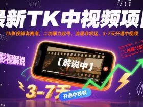 最新TK中视频项目，Tk影视解说赛道，搬运二创暴力起号，流量非常猛，3-7天开通中视频