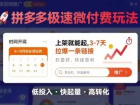 8月26号拼多多极速微付费玩法，8-10月份必须玩的，上架就能起，3-7天拉爆一条链接