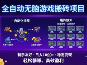 全自动无脑游戏搬砖项目，独家玩法，可批量矩阵无限放大，新手也能轻松日入1k+【揭秘】