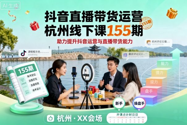 抖音直播带货运营杭州线下课155期,助力提升抖音运营与直播带货能力
