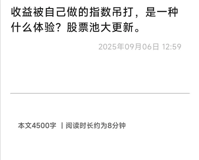 【大佳的投资笔记付费文250906】：收益被自己做的指数吊打，是一种什么…