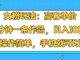 女粉玩法：高客单价，10分钟一条作品，日入1k+操作简单，手机就可以
