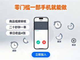 零门槛一部手机就能做，商品视频审核，通勤躺家碎片时间都能做，二十秒钟一单，单日收益4张【揭秘】