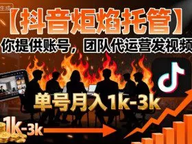 【抖音炬焰托管】你提供账号，团队代运营发视频，单号月入1k+【揭秘】