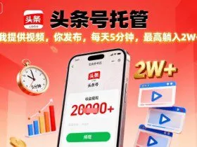 【头条号托管】我提供视频，你发布，每天5分钟，最高躺入2W+【揭秘】
