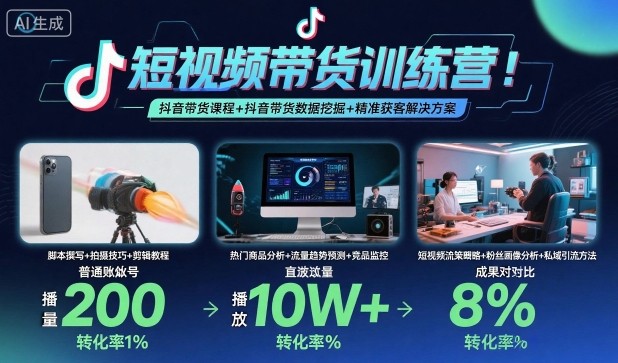 短视频带货训练营,抖音带货课程+抖音带货数据挖掘+精准获客解决方案