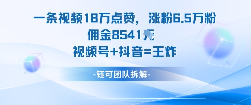 一条视频18W点赞,涨粉6.5W粉佣金8541米,视频号+抖音=王炸