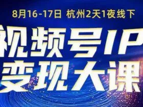 视频号ip变现大课8月16-17日线下课，一次性讲透视频号矩阵、投放、引流、转化的全流程SOP