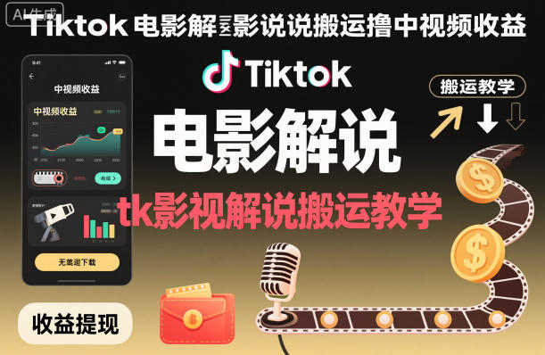 Tiktok电影解说搬运撸中视频收益,tk影视解说搬运教学