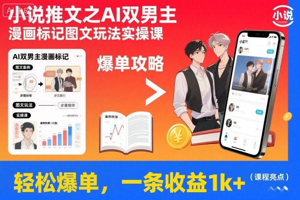 小说推文之AI双男主漫画标记图文玩法实操课,轻松爆单,一条收益1k+