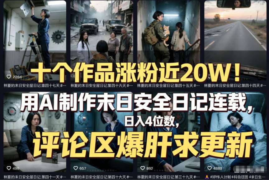 十个作品涨粉近20W!用AI制作末日安全日记连载,日入4位数,评论区爆肝求更新(附详细步骤)