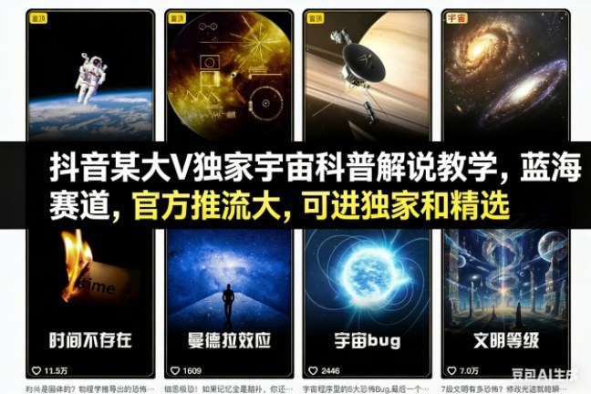 抖音某大V独家宇宙科普解说教学,蓝海赛道,官方推流大,可进独家和精选