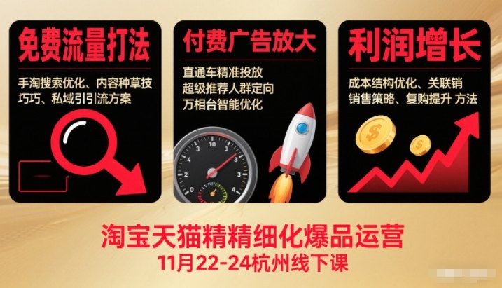 淘宝天猫精细化爆品运营11月22-24杭州线下课,免费流量打法+付费广告放大+利润增长(音频+文档)