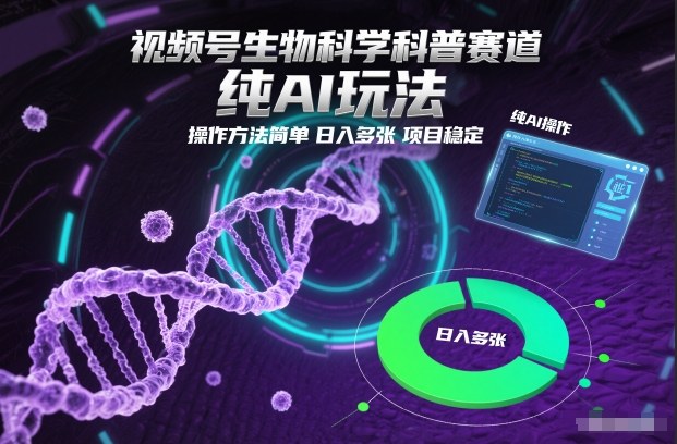 视频号生物科学科普赛道,纯AI玩法,操作方法简单,日入多张,项目稳定